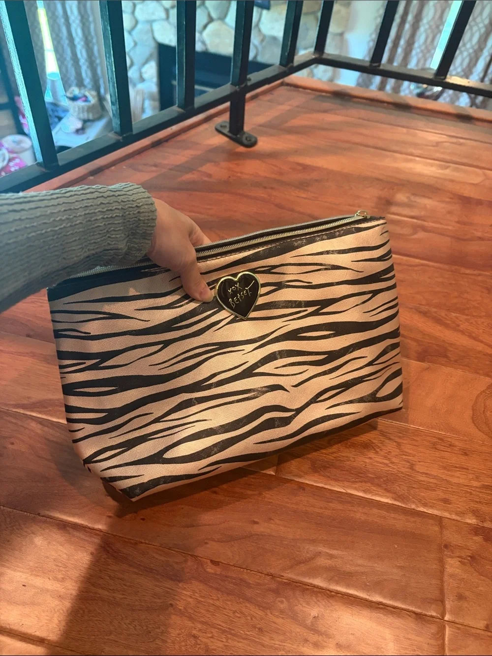 BETSEY JOHNSON Large Charging Wristlet Zebra Print Pouch Bag